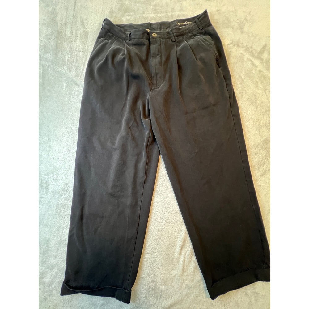 Cypress Grove Trousers Mens 38 Black 100% Silk Gabardine Pleated Cuffed Pants